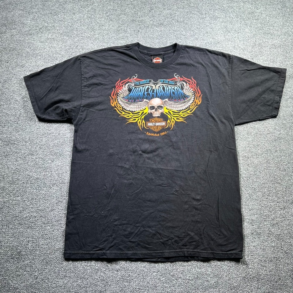 Harley Davidson T-Shirt Men XL Black 100% Cotton Skull Wings Flames Short Sleeve